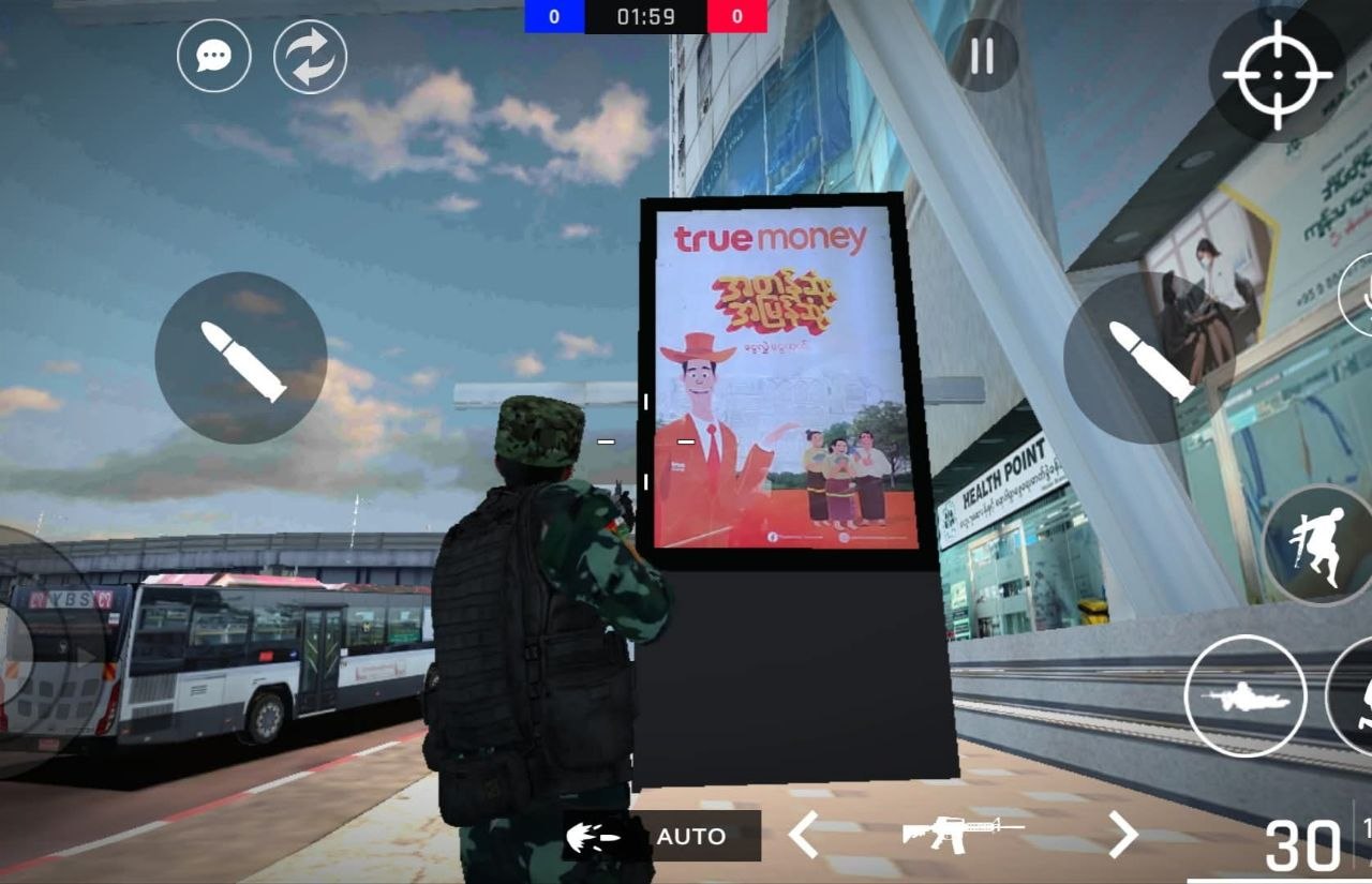 End Game Union mobile gameplay in an urban map, with touch controls visible
